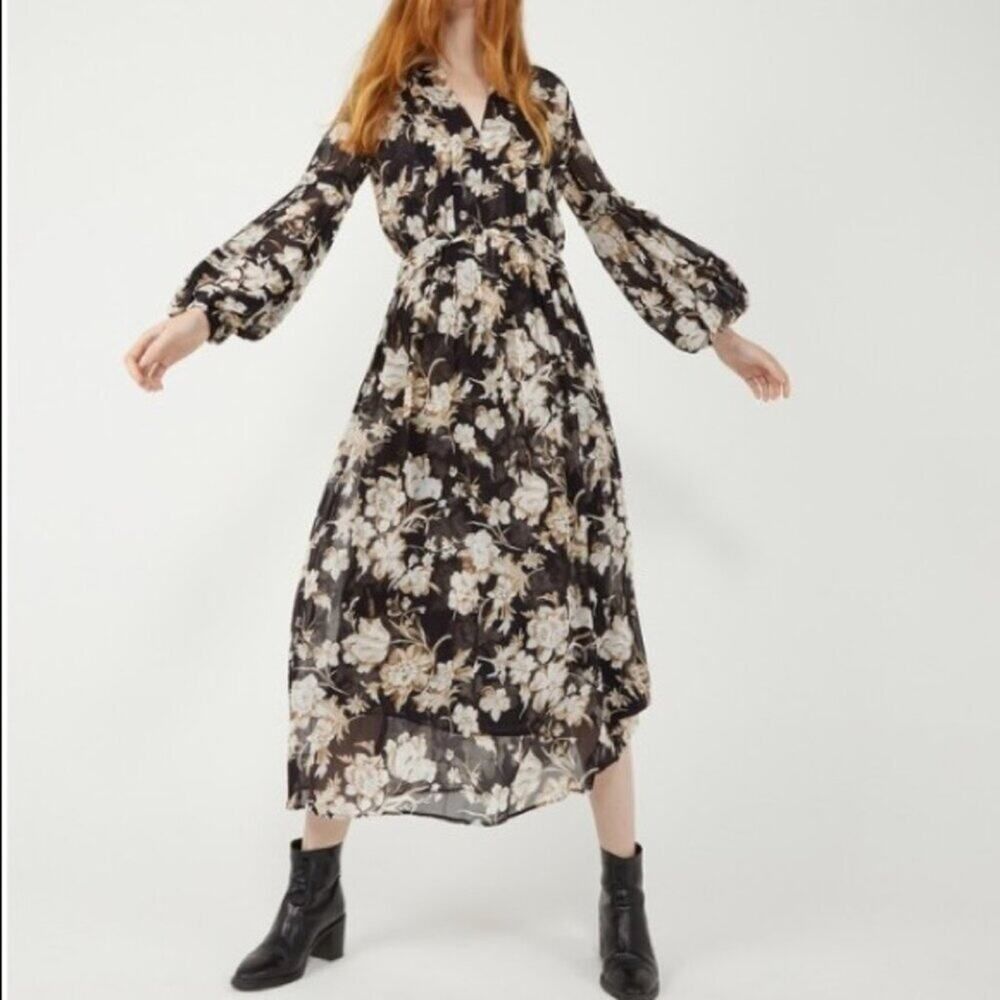 The Kooples Black Cream Floral Print Midi Dress Size M French Designer